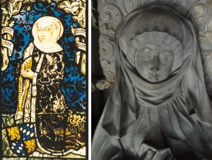 Mechthild von der Pfalz als Glasbild auf der linken Hälfte des Bildes, rechts ein Detail von Mechthild von der Pfalz vom Grab