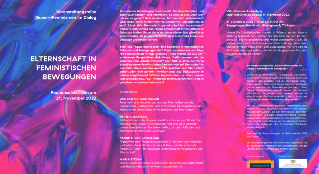 Cover des Veranstaltungsflyers: Elternschaft in feministischen Bewegungen