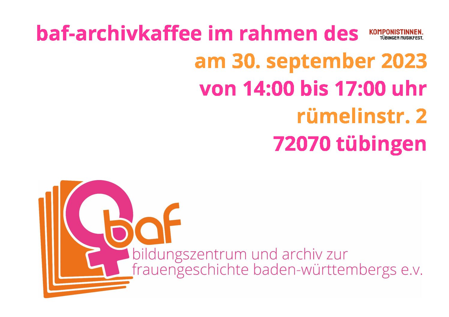 Einladung zum Archivkaffee im Rahmen des Tübinger Komponistinnen*Festivals am 30. September 2023